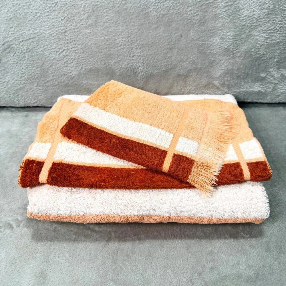 Fieldcrest Cannon Royal Velvet Vintage 3 Piece Towel Set Orange Rust Terry Cloth